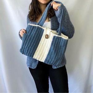 Handmade Blue & White Button Crochet Tote Bag